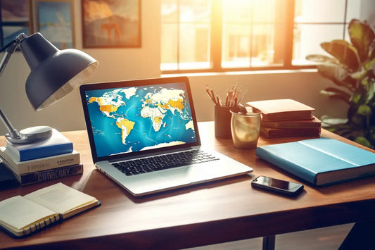 Aufgeklappter Laptop mit einer Weltkarte um für das Auslandssemester die nötigen beglaubigten Übersetzungen online zu bestellen