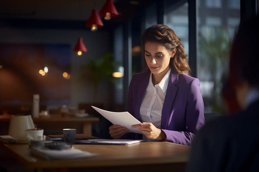 Молодая женщина в деловом костюме читает свой переведенный и нотариально заверенный финансовый отчет