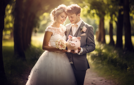 Ein frisch verheiratetes Ehepaar hält eine Spardose statt Brautstrauß, und freut sich über die Steuervorteile ihrer neuen Ehe