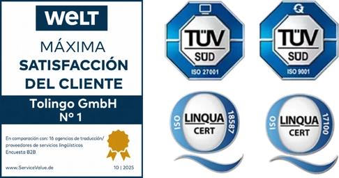 Sellos de calidad de tolingo: WELT Nº 1 en satisfacción del cliente (10/2025), TÜV SÜD ISO 27001 e ISO 9001, LinquaCert ISO 18587 e ISO 17100