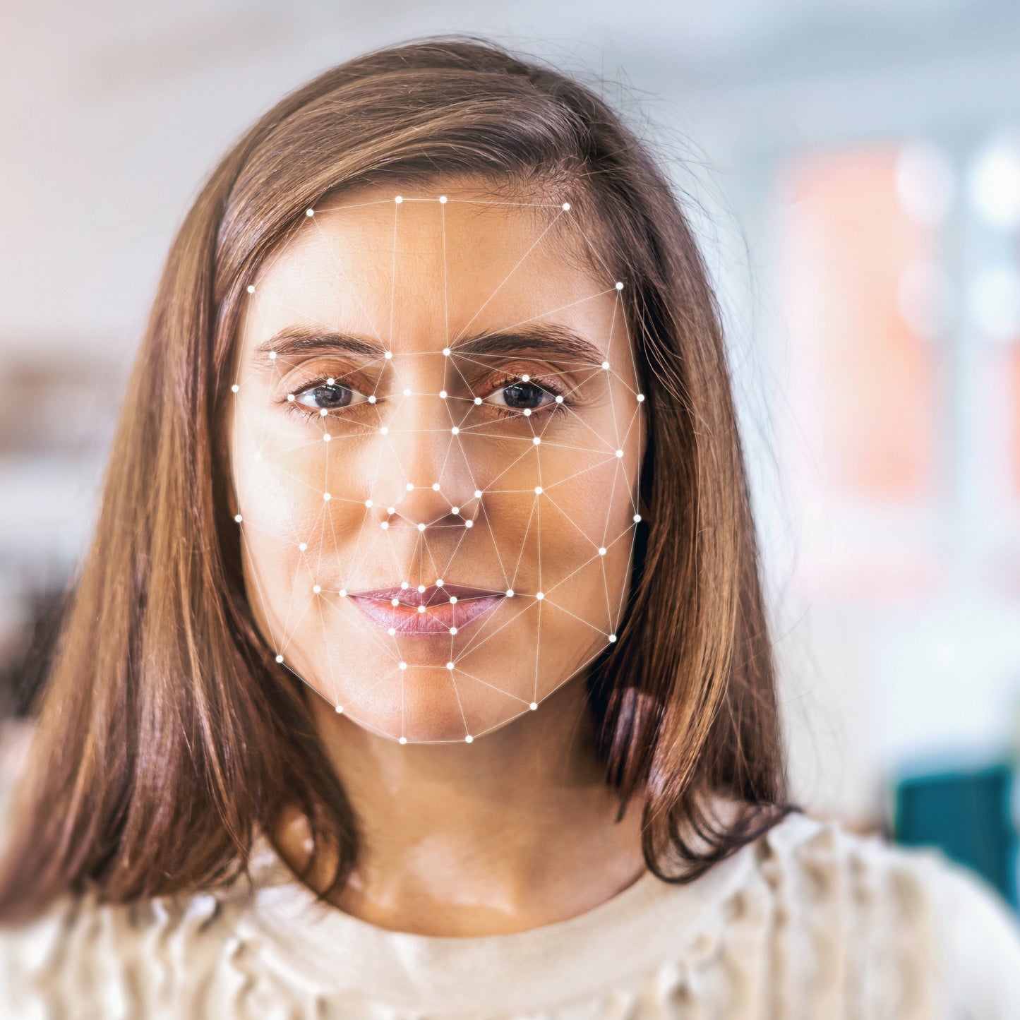 Personalausweis übersetzen lassen: Eine junge Frau mit biometrischem Netzmuster vor dem Gesicht